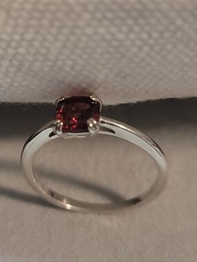 Garnet Red Solitaire Ring - Silver Band - Size 8